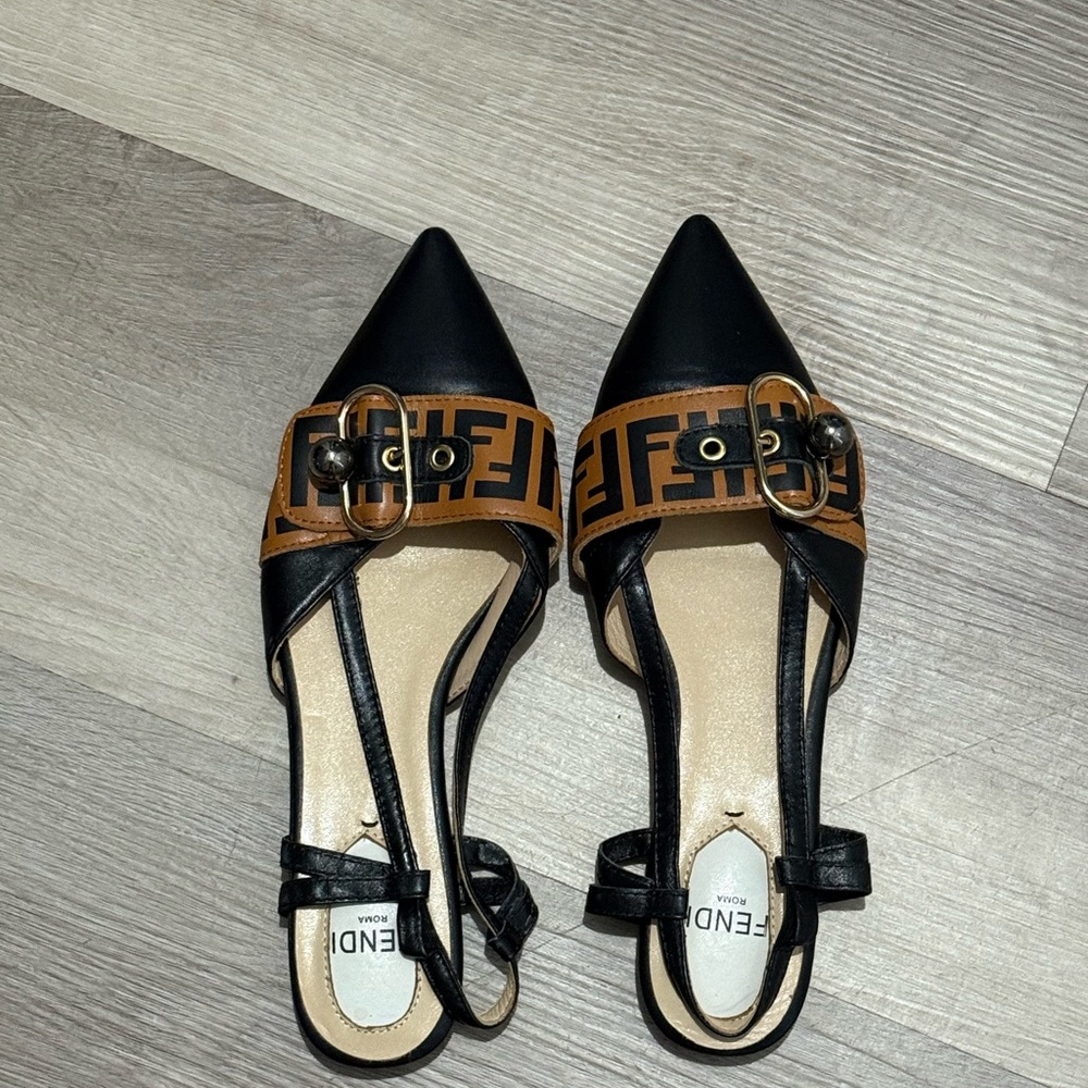 Fendi Black and Tan Flats with Logo Strap